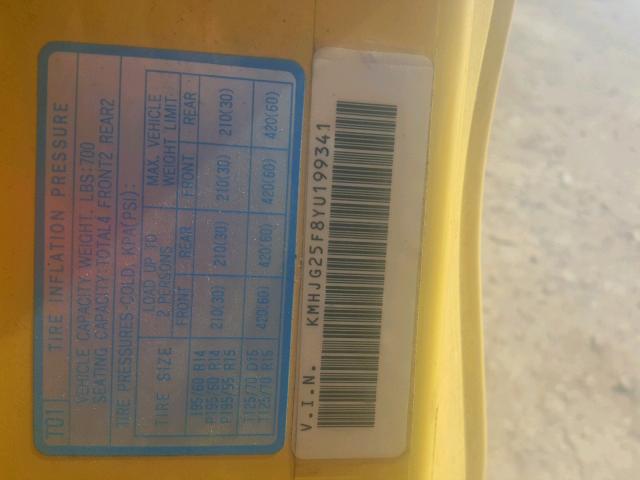 KMHJG25F8YU199341 - 2000 HYUNDAI TIBURON YELLOW photo 10