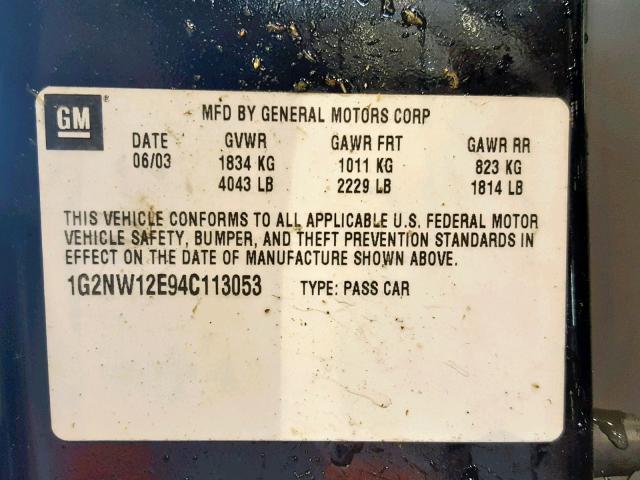 1G2NW12E94C113053 - 2004 PONTIAC GRAND AM G BLACK photo 10