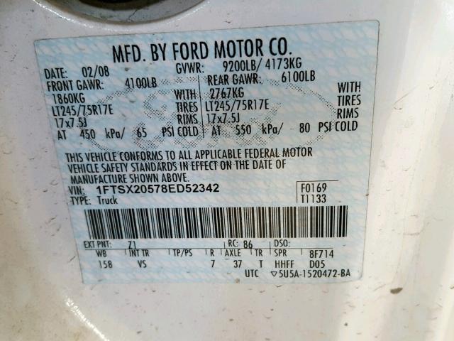 1FTSX20578ED52342 - 2008 FORD F250 SUPER WHITE photo 10