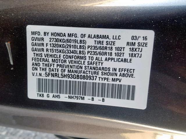 5FNRL5H93GB080937 - 2016 HONDA ODYSSEY TO CHARCOAL photo 10