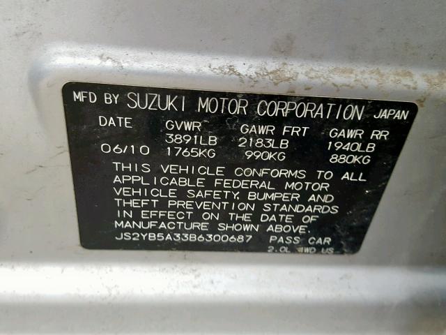 JS2YB5A33B6300687 - 2011 SUZUKI SX4 SILVER photo 10