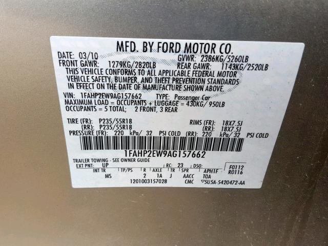 1FAHP2EW9AG157662 - 2010 FORD TAURUS SEL GOLD photo 10