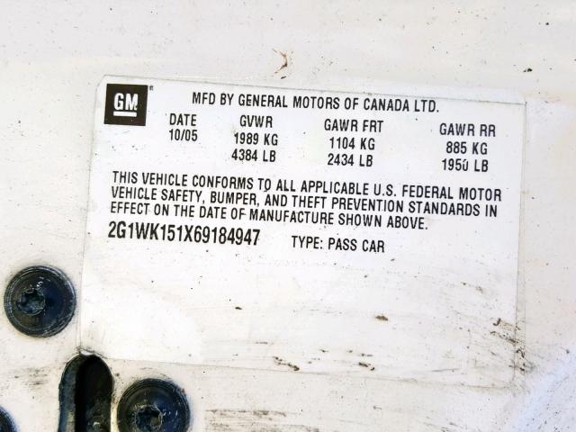 2G1WK151X69184947 - 2006 CHEVROLET MONTE CARL 白色 照片 10