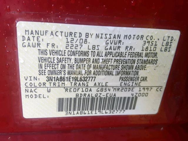 3N1AB61E19L632777 - 2009 NISSAN SENTRA 2.0 RED photo 10