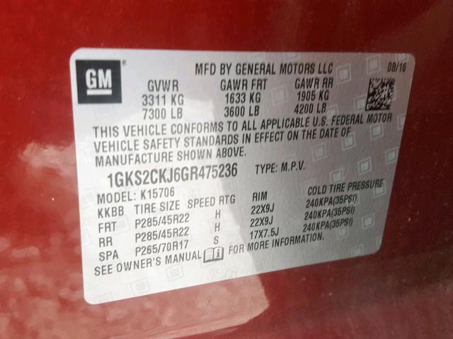 1GKS2CKJ6GR475236 - 2016 GMC YUKON DENA BURGUNDY photo 10