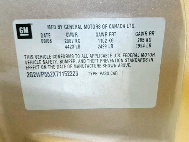 2G2WP552X71152223 - 2007 PONTIAC GRAND PRIX BEIGE photo 10