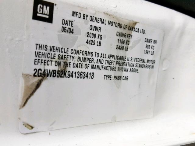 2G4WB52K941363418 - 2004 BUICK REGAL LS WHITE photo 10