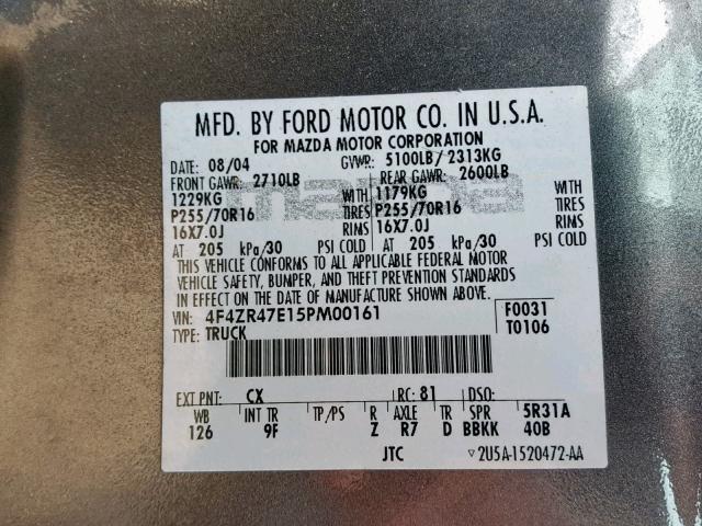 4F4ZR47E15PM00161 - 2005 MAZDA B4000 CAB GRAY photo 10