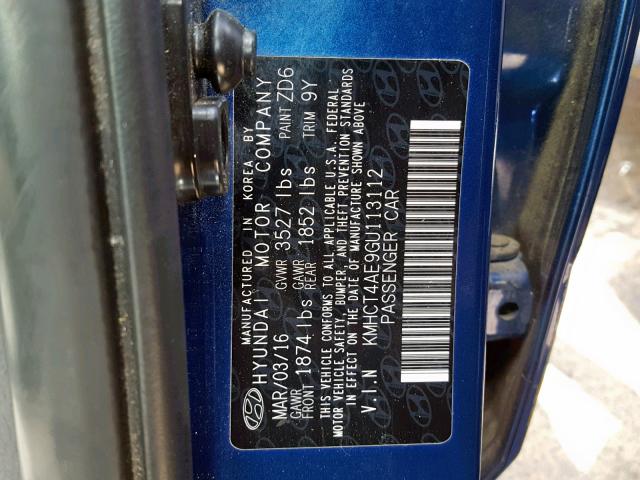 KMHCT4AE9GU113112 - 2016 HYUNDAI ACCENT SE BLUE photo 10