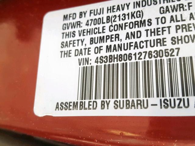 4S3BH806127630527 - 2002 SUBARU LEGACY OUT MAROON photo 10