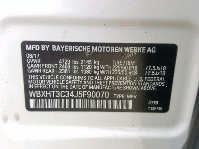 WBXHT3C34J5F90070 - 2018 BMW X1 XDRIVE2 WHITE photo 10