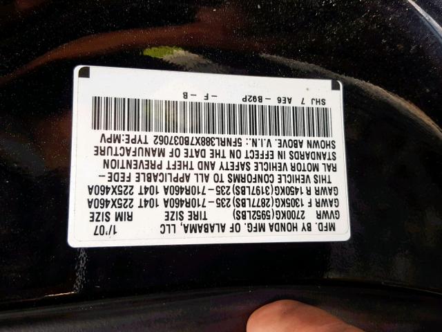 5FNRL388X7B037062 - 2007 HONDA ODYSSEY TO BLACK photo 10