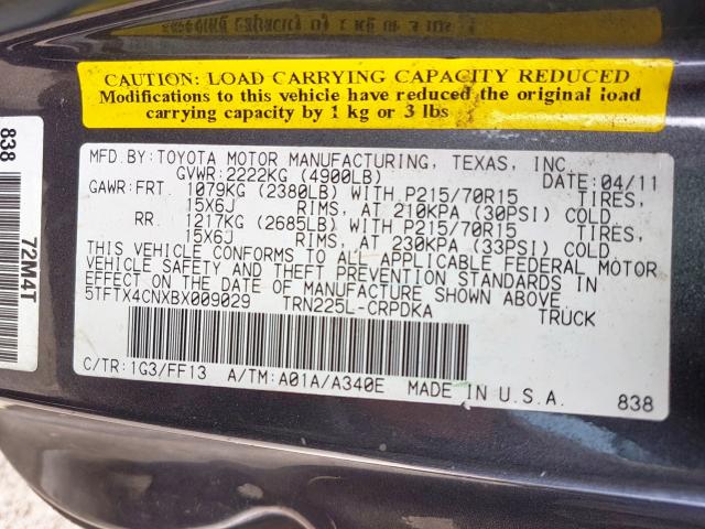 5TFTX4CNXBX009029 - 2011 TOYOTA TACOMA ACCESS CAB  ფოტო 10