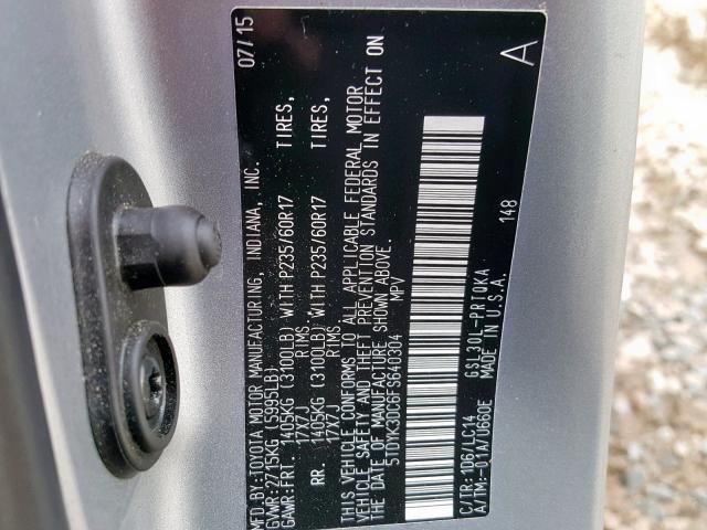 5TDYK3DC6FS640304 - 2015 TOYOTA SIENNA XLE SILVER photo 10