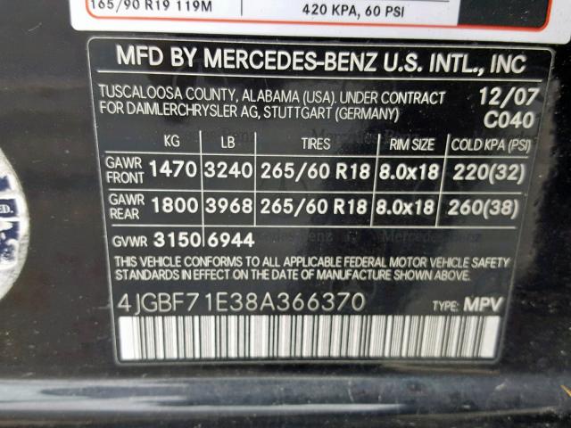 4JGBF71E38A366370 - 2008 MERCEDES-BENZ GL 450 4MA BLACK photo 10