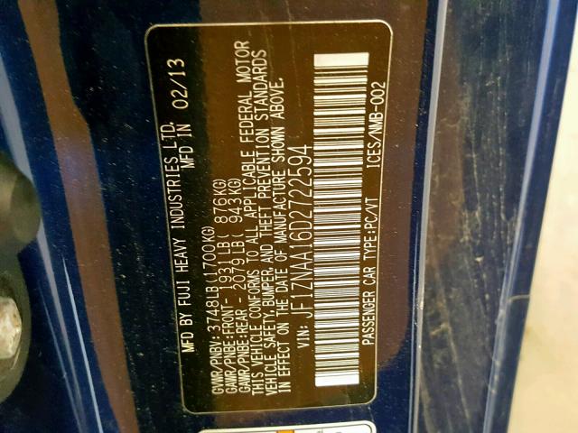 JF1ZNAA16D2722594 - 2013 TOYOTA SCION FR-S BLUE photo 10