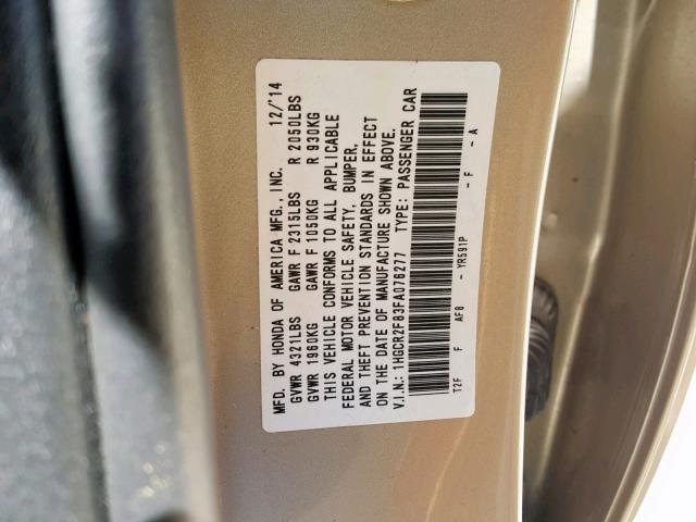 1HGCR2F83FA076277 - 2015 HONDA ACCORD EXL GOLD photo 10