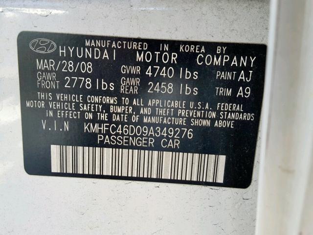 KMHFC46D09A349276 - 2009 HYUNDAI AZERA GLS WHITE photo 10