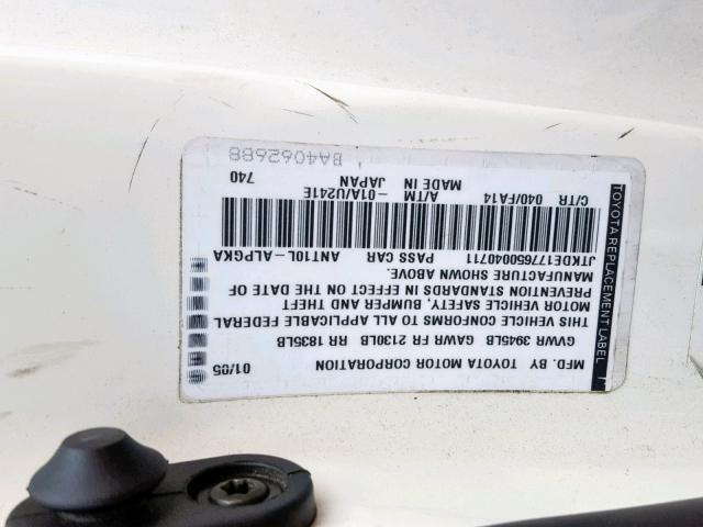 JTKDE177650040711 - 2005 TOYOTA SCION TC 白色 照片 10