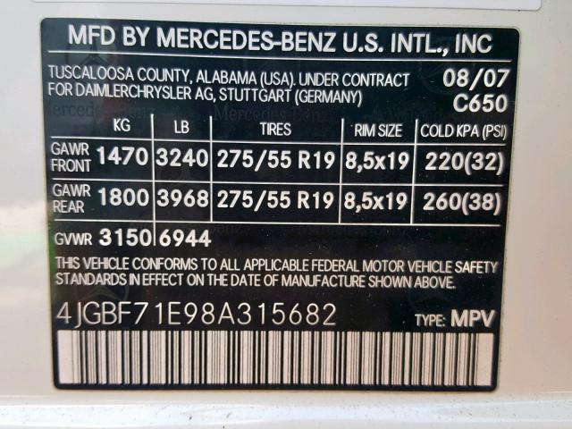 4JGBF71E98A315682 - 2008 MERCEDES-BENZ GL 450 4MA WHITE photo 10