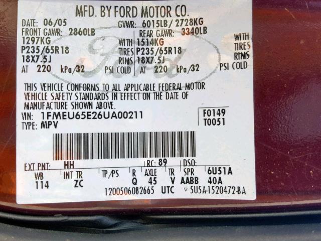 1FMEU65E26UA00211 - 2006 FORD EXPLORER L BURGUNDY photo 10