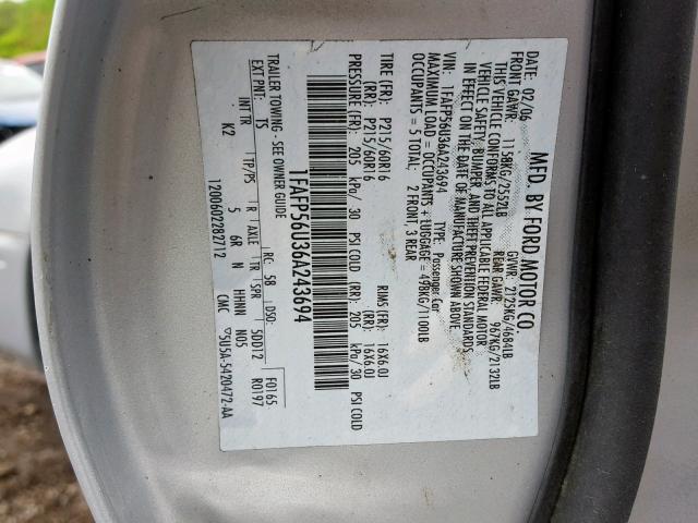 1FAFP56U36A243694 - 2006 FORD TAURUS SEL SILVER photo 10