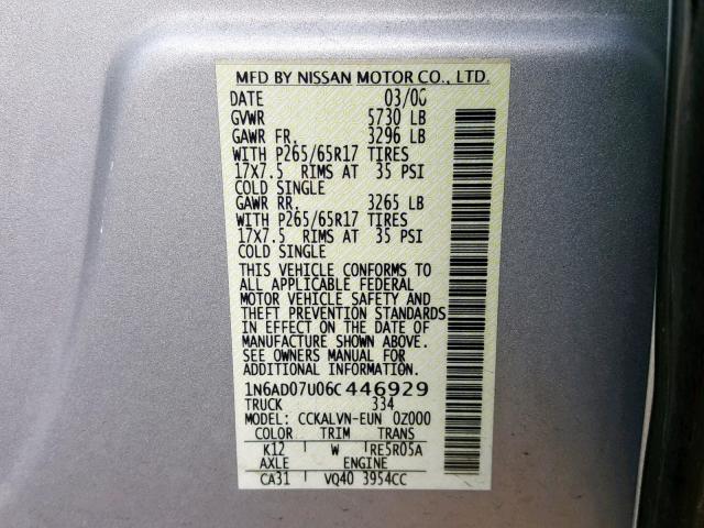 1N6AD07U06C446929 - 2006 NISSAN FRONTIER C GRAY photo 10