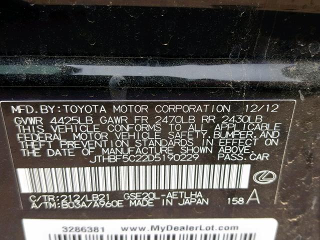 JTHBF5C22D5190229 - 2013 LEXUS IS 250 BLACK photo 10