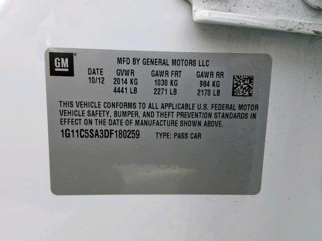 1G11C5SA3DF180259 - 2013 CHEVROLET MALIBU 1LT WHITE photo 10