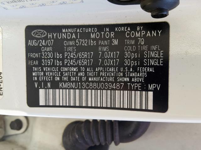 KM8NU13C88U039487 - 2008 HYUNDAI VERACRUZ GLS  photo 10