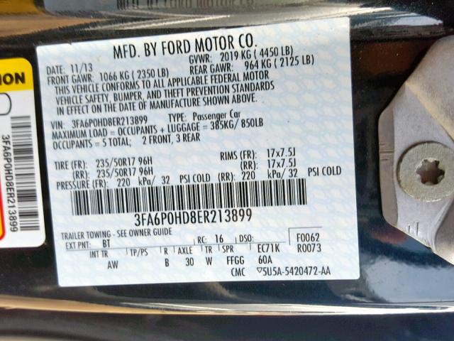 3FA6P0HD8ER213899 - 2014 FORD FUSION SE BLUE photo 10