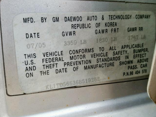 KL1TD56636B519252 - 2006 CHEVROLET AVEO BASE Күміс фото 10