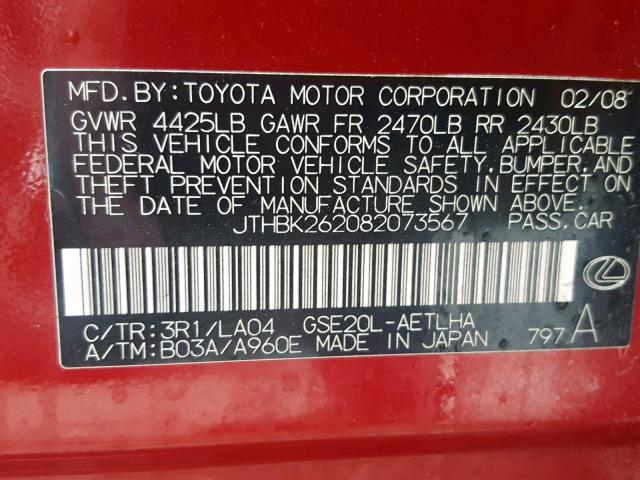 JTHBK262082073567 - 2008 LEXUS IS 250 RED photo 10