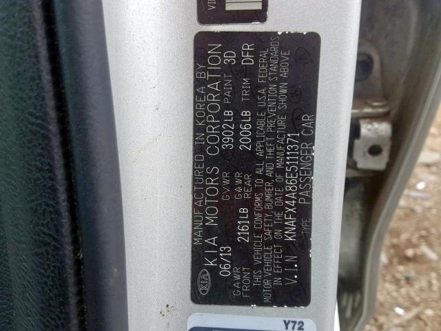 KNAFX4A86E5111371 - 2014 KIA FORTE EX SILVER photo 10