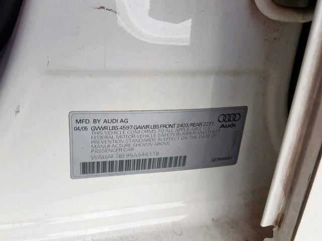 WAUAF78E95A544118 - 2005 AUDI A4 2.0T WHITE photo 10