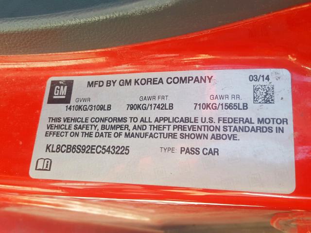 KL8CB6S92EC543225 - 2014 CHEVROLET SPARK LS RED photo 10