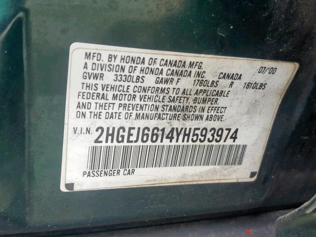 2HGEJ6614YH593974 - 2000 HONDA CIVIC BASE Yaşıl foto 10