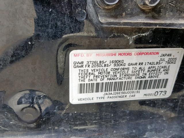 JA3AJ26E56U008191 - 2006 MITSUBISHI LANCER ES BLACK photo 10