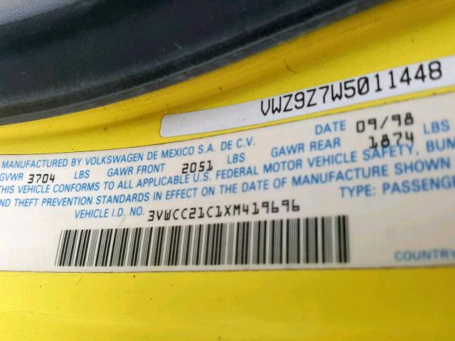 3VWCC21C1XM419696 - 1999 VOLKSWAGEN NEW BEETLE Sarı foto 10