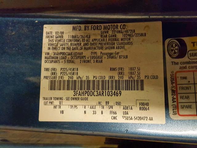 3FAHP0DC3AR103469 - 2010 FORD FUSION SPO BLUE photo 10