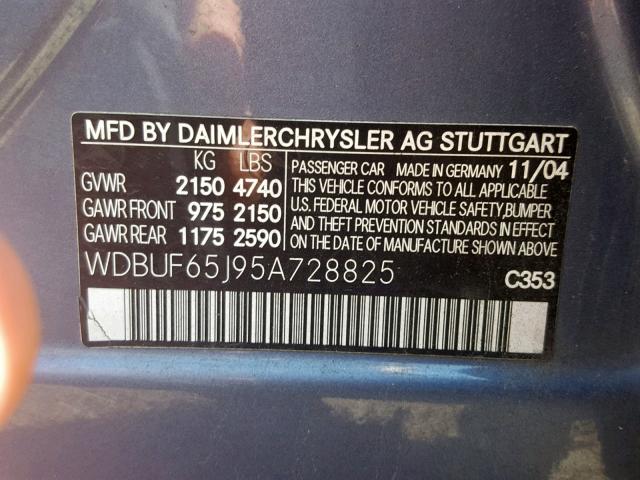 WDBUF65J95A728825 - 2005 MERCEDES-BENZ E 320 BLUE photo 10