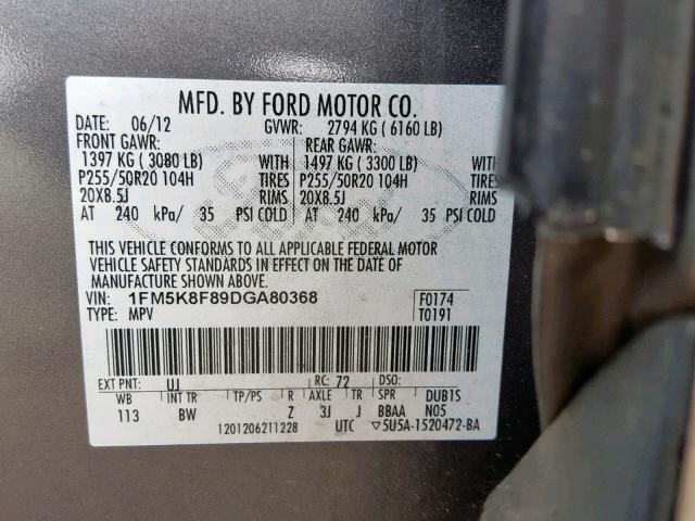 1FM5K8F89DGA80368 - 2013 FORD EXPLORER L GRAY photo 10