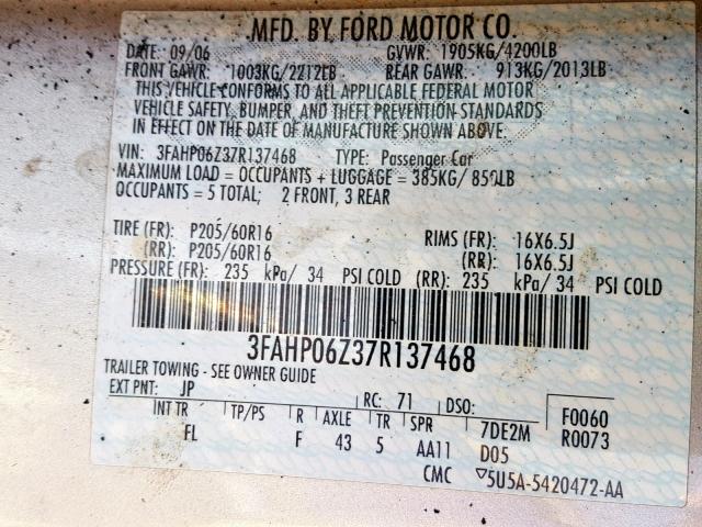 3FAHP06Z37R137468 - 2007 FORD FUSION S SILVER photo 10