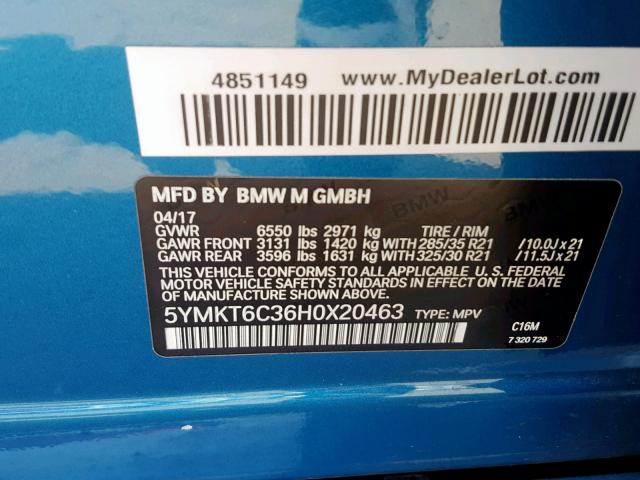 5YMKT6C36H0X20463 - 2017 BMW X5 M BLUE photo 10