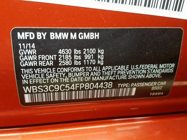 WBS3C9C54FP804438 - 2015 BMW M3 RED photo 10