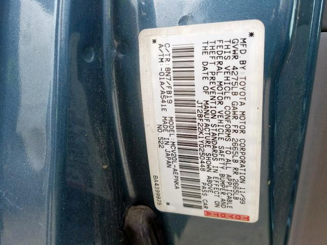 JT2BF22K1Y0250448 - 2000 TOYOTA CAMRY CE  photo 10