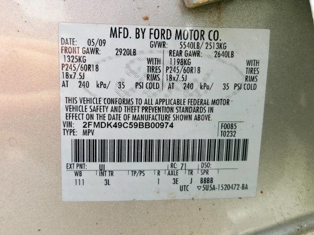 2FMDK49C59BB00974 - 2009 FORD EDGE LIMIT SILVER photo 10