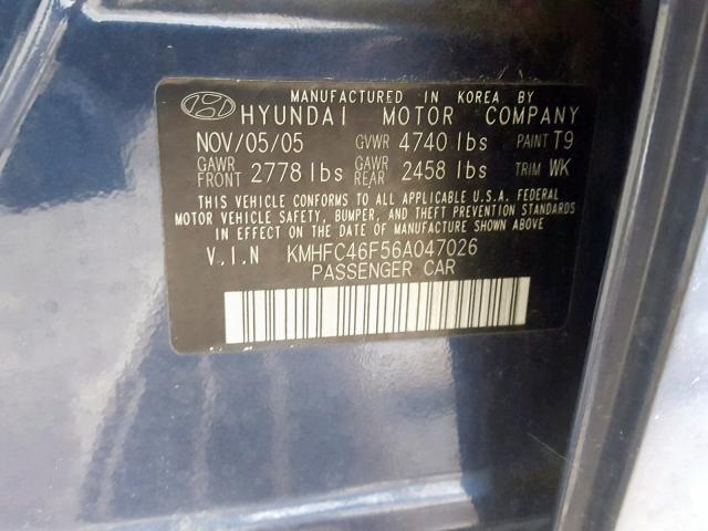 KMHFC46F56A047026 - 2006 HYUNDAI AZERA SE BLUE photo 10