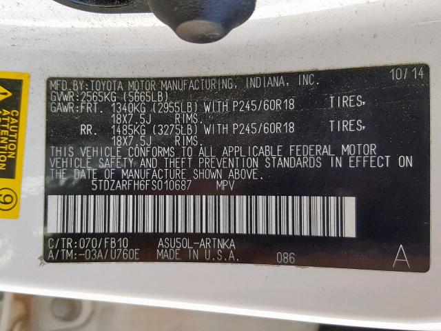 5TDZARFH6FS010687 - 2015 TOYOTA HIGHLANDER WHITE photo 10