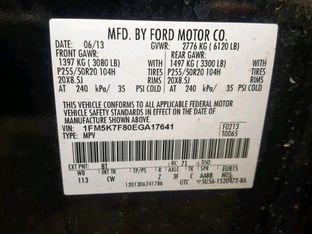 1FM5K7F80EGA17641 - 2014 FORD EXPLORER L BLACK photo 10